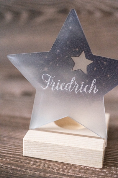 Teelichthalter Stern mit Sternenhimmel / Kerzenhalter / mit Spruch / Sternenkind